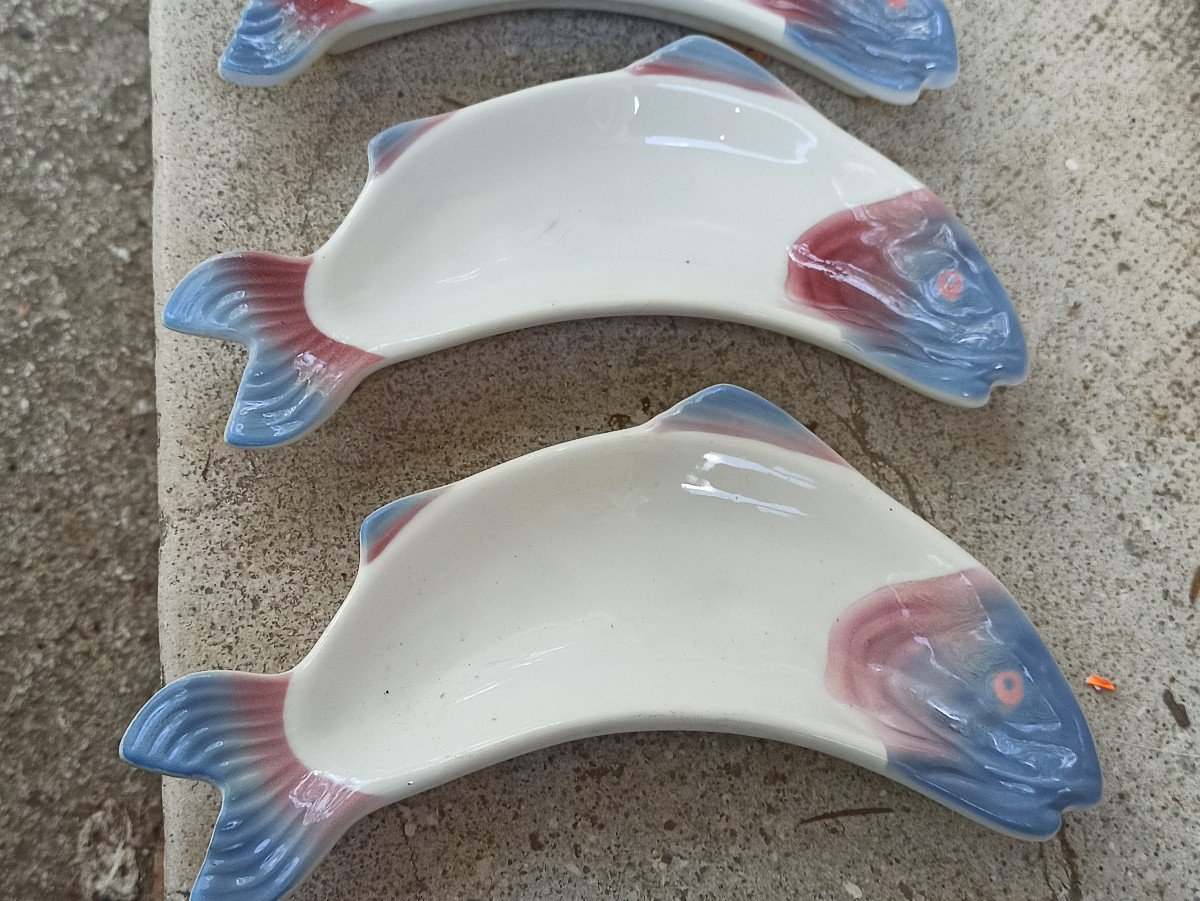 Suite De 6 Coupelles En Forme De Poisson, Service à Bouillabaisse Moulin Des Loups, Vers 1930-photo-2
