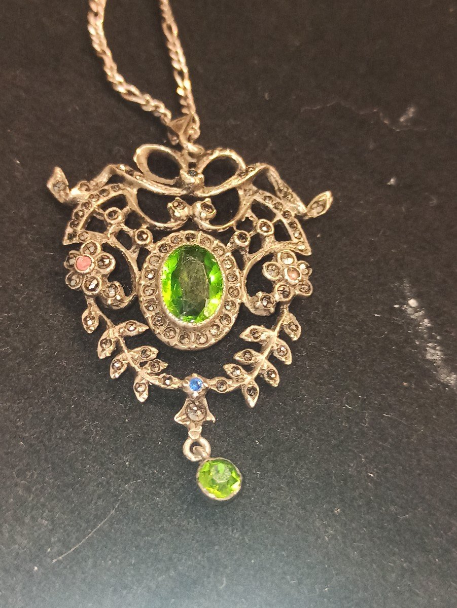 Pendentif  Napoleon III En Argent Orne De Marcassites Et De Pierres De Couleur-photo-3