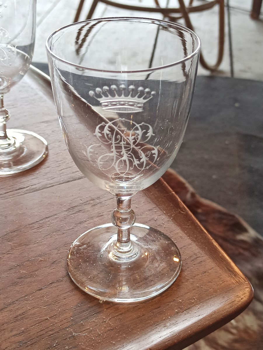 Set Of Six Baccarat Crystal Water Glasses Engraved With Crowned Numerals Circa 1850-photo-2