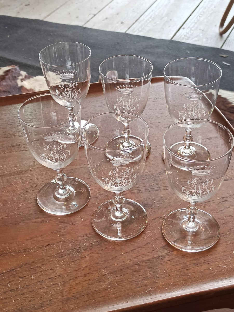 Set Of Six Baccarat Crystal Water Glasses Engraved With Crowned Numerals Circa 1850