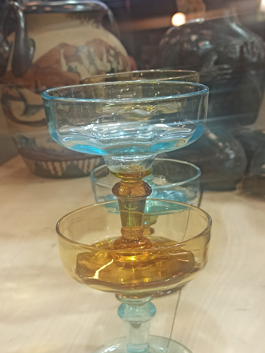 Set Of 4 Champagne Coupes, Known As "champenoise" Style, In Georges Sand Glass, 19th Century-photo-2