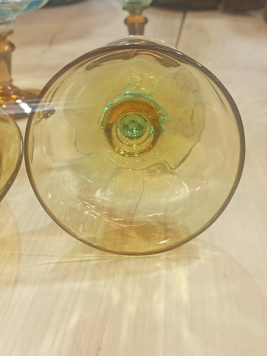 Set Of 4 Champagne Coupes, Known As "champenoise" Style, In Georges Sand Glass, 19th Century-photo-4