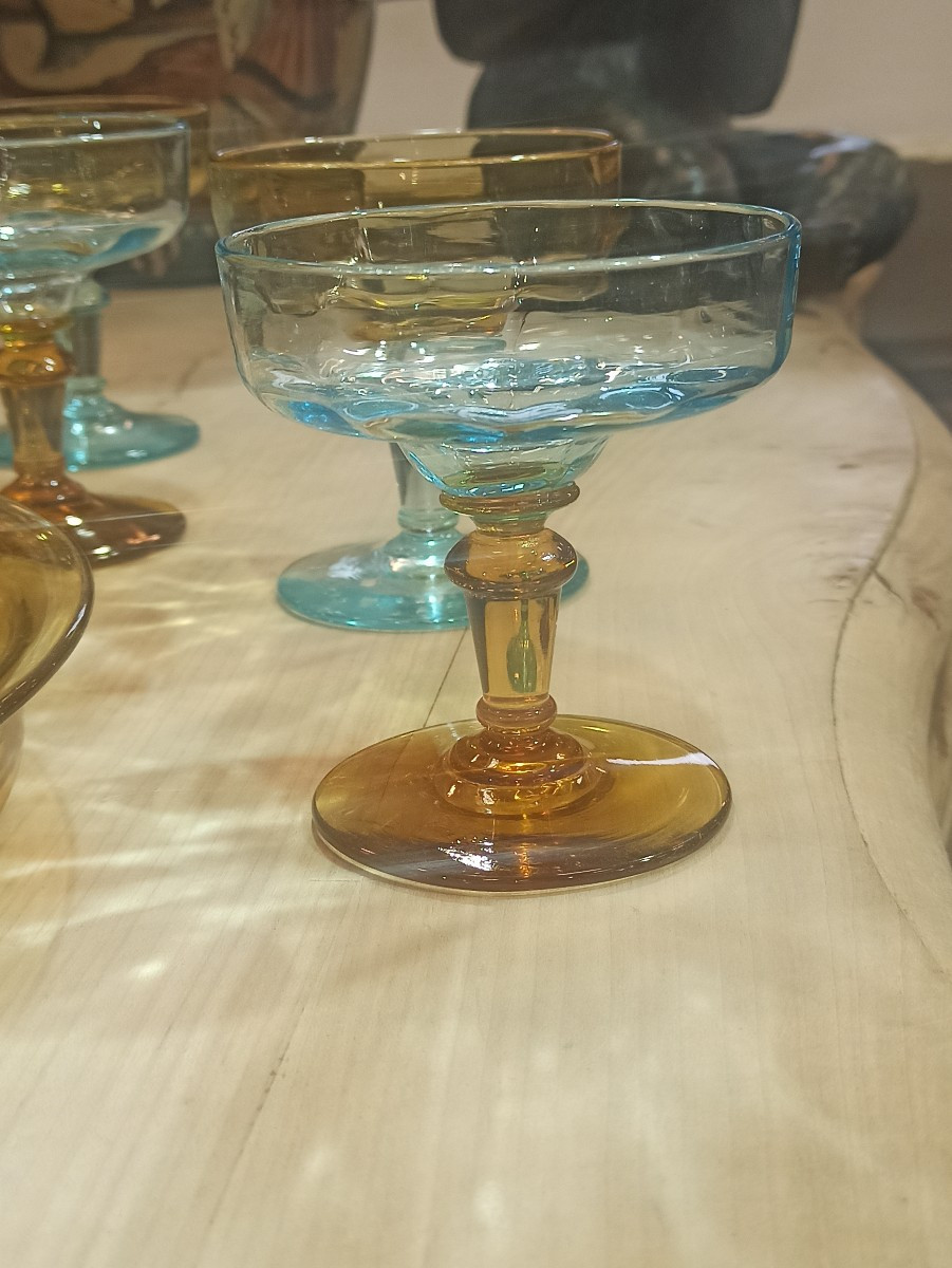 Set Of 4 Champagne Coupes, Known As "champenoise" Style, In Georges Sand Glass, 19th Century-photo-1