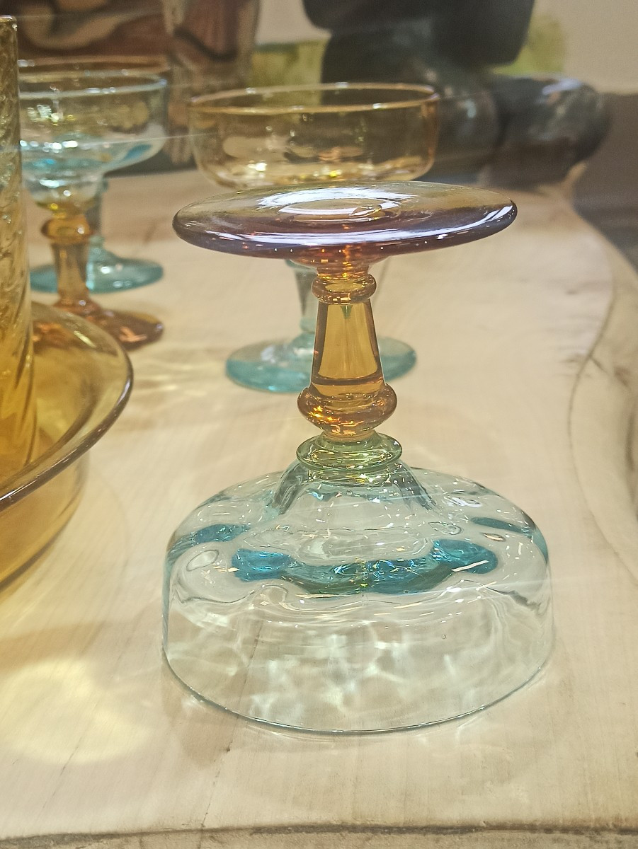 Set Of 4 Champagne Coupes, Known As "champenoise" Style, In Georges Sand Glass, 19th Century-photo-2