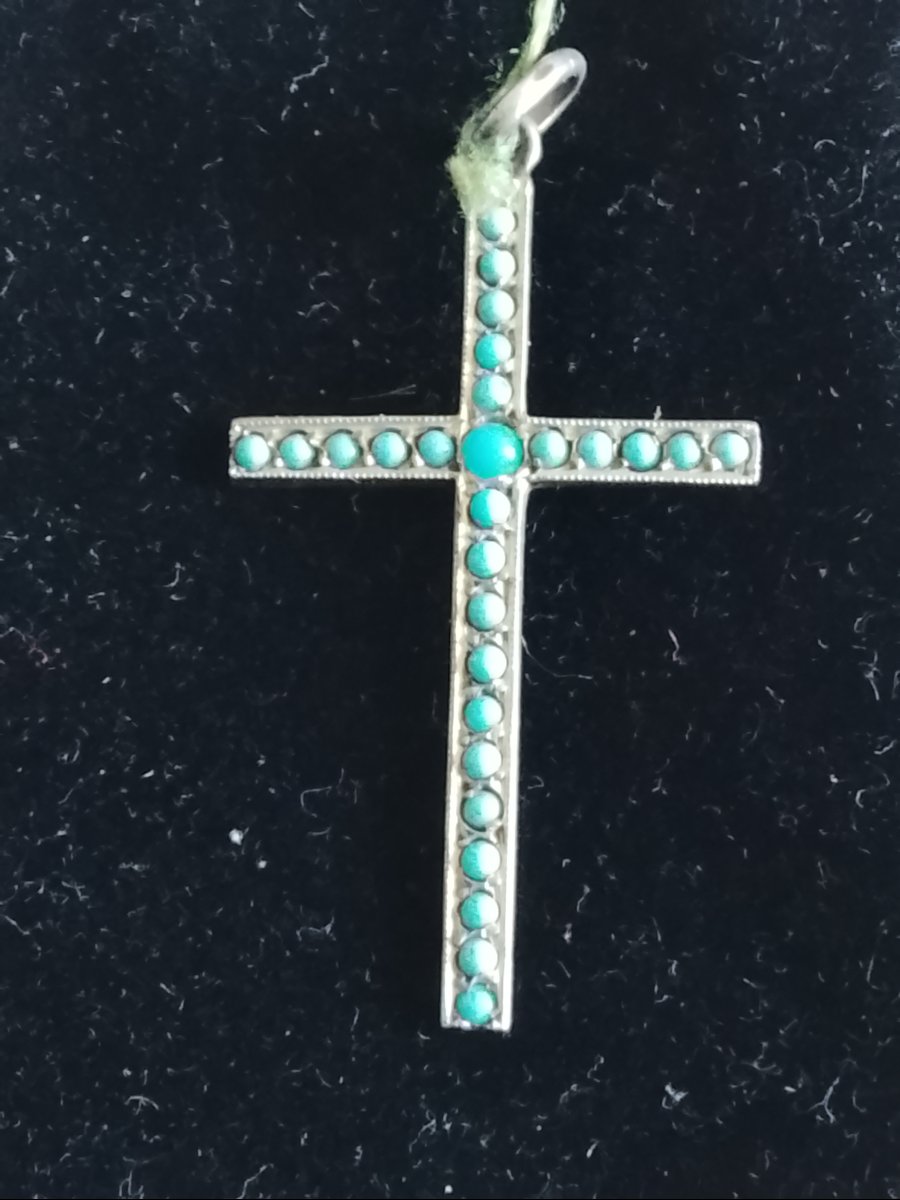 Croix en argent ornée de turquoise, circa 1940-photo-2