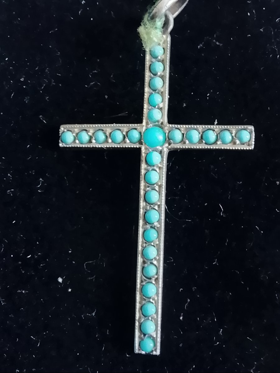 Croix en argent ornée de turquoise, circa 1940-photo-1
