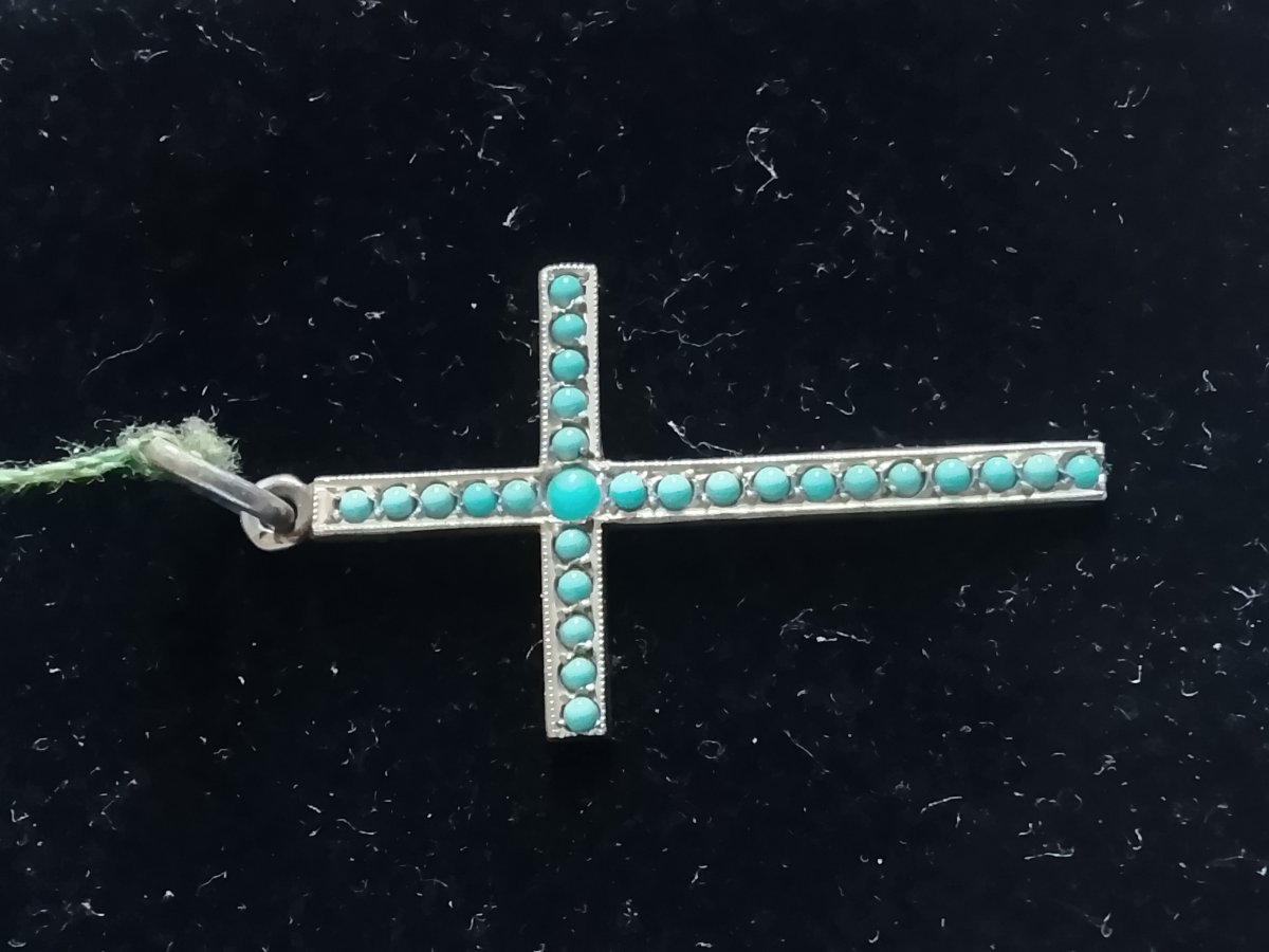 Croix en argent ornée de turquoise, circa 1940-photo-5