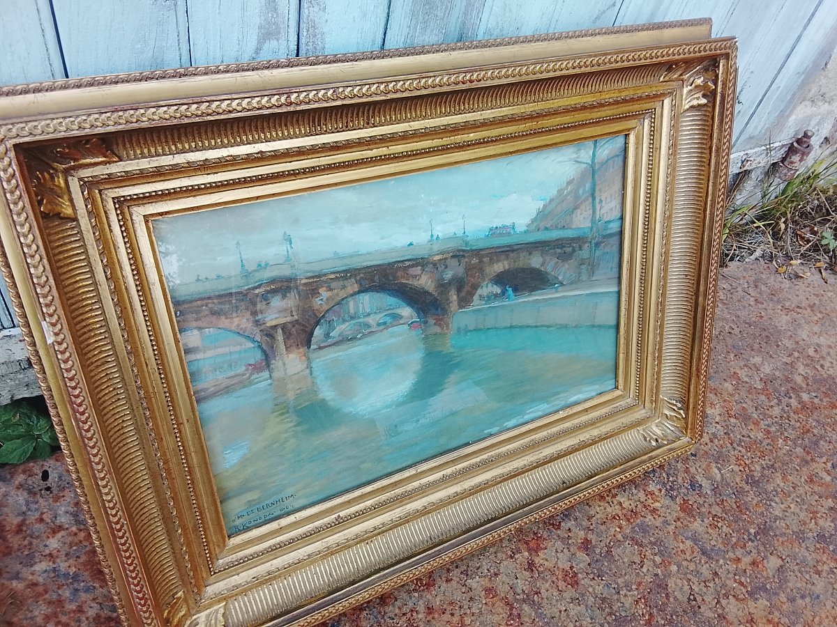 Pastel And Gouache Drawing Signed By Rudolf Konopa, *pont De Paris*, Dedicated To Mr. De Bernheim-photo-2