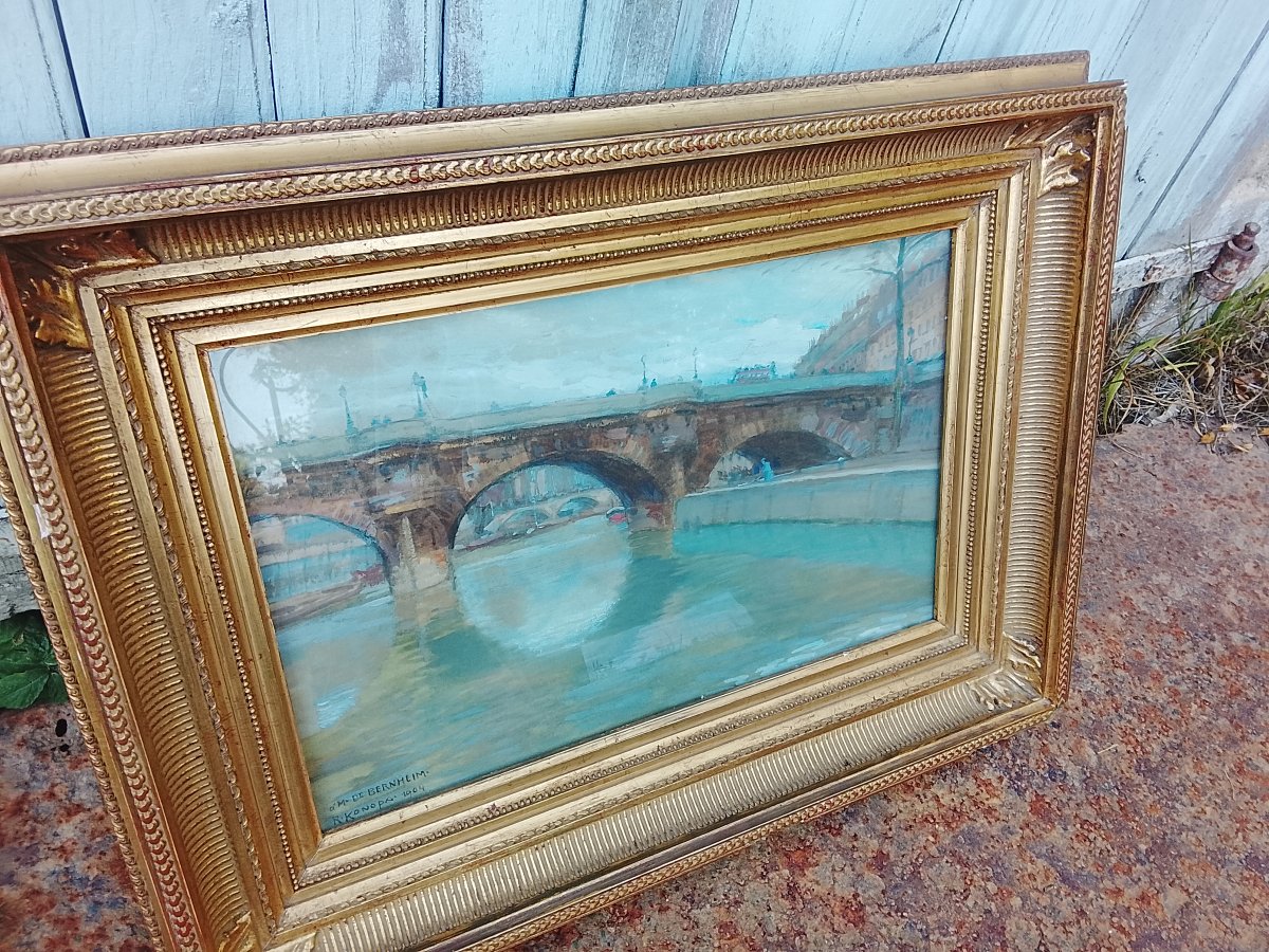 Pastel And Gouache Drawing Signed By Rudolf Konopa, *pont De Paris*, Dedicated To Mr. De Bernheim-photo-3