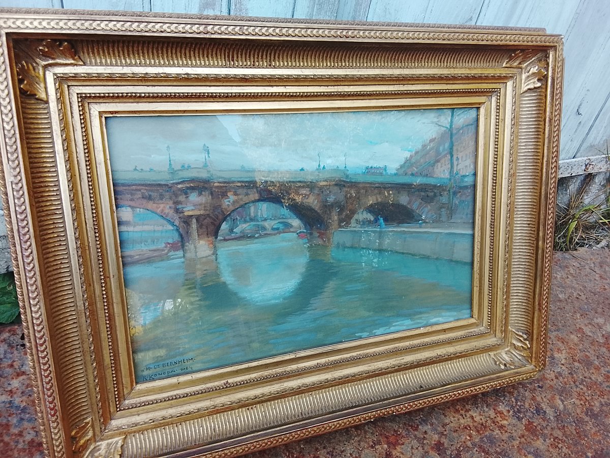 Pastel And Gouache Drawing Signed By Rudolf Konopa, *pont De Paris*, Dedicated To Mr. De Bernheim