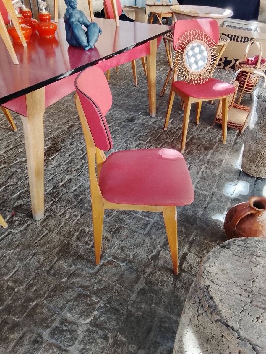 Importante table de salle a manger en bois et formica et sa suite de 10 chaises, circa 1950-photo-3