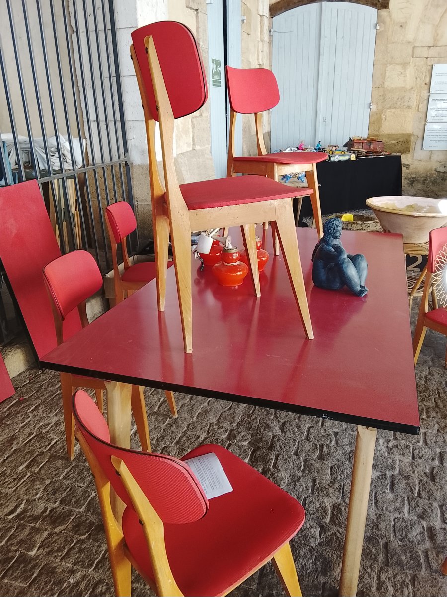 Importante table de salle a manger en bois et formica et sa suite de 10 chaises, circa 1950-photo-1
