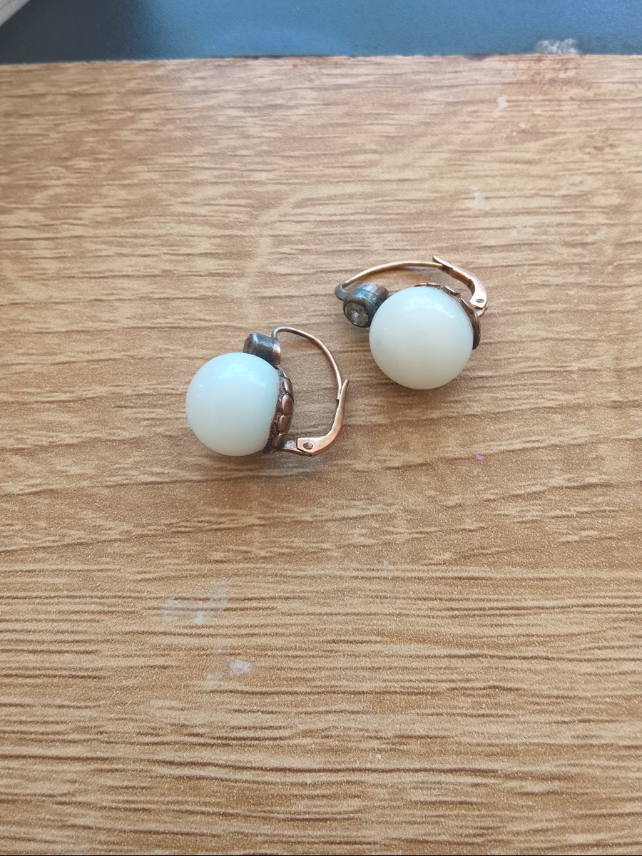 Paire de boucles d oreille en opaline et vermeil fin XIXe-photo-2