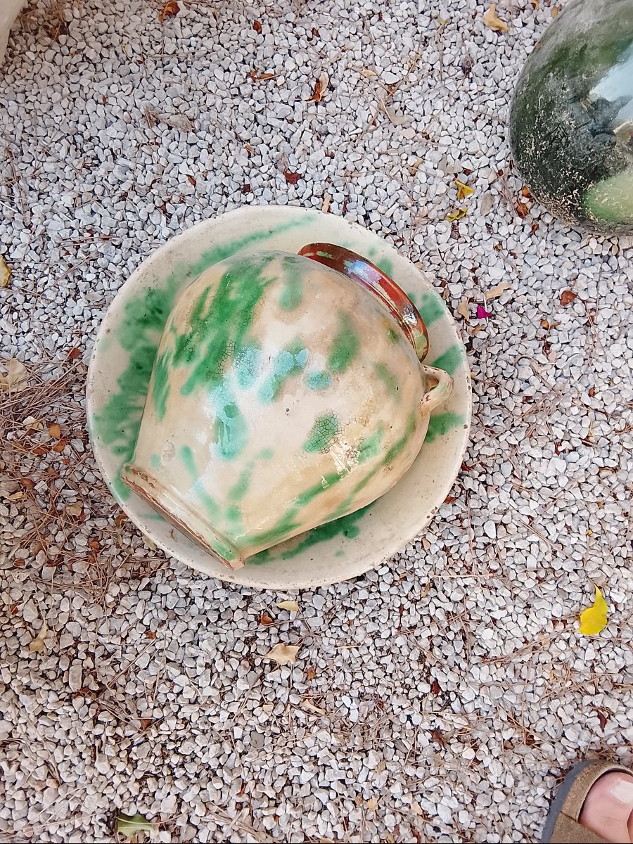Petit pot en terre cuite vernissée jaune et coulées vertes XIXe-photo-3