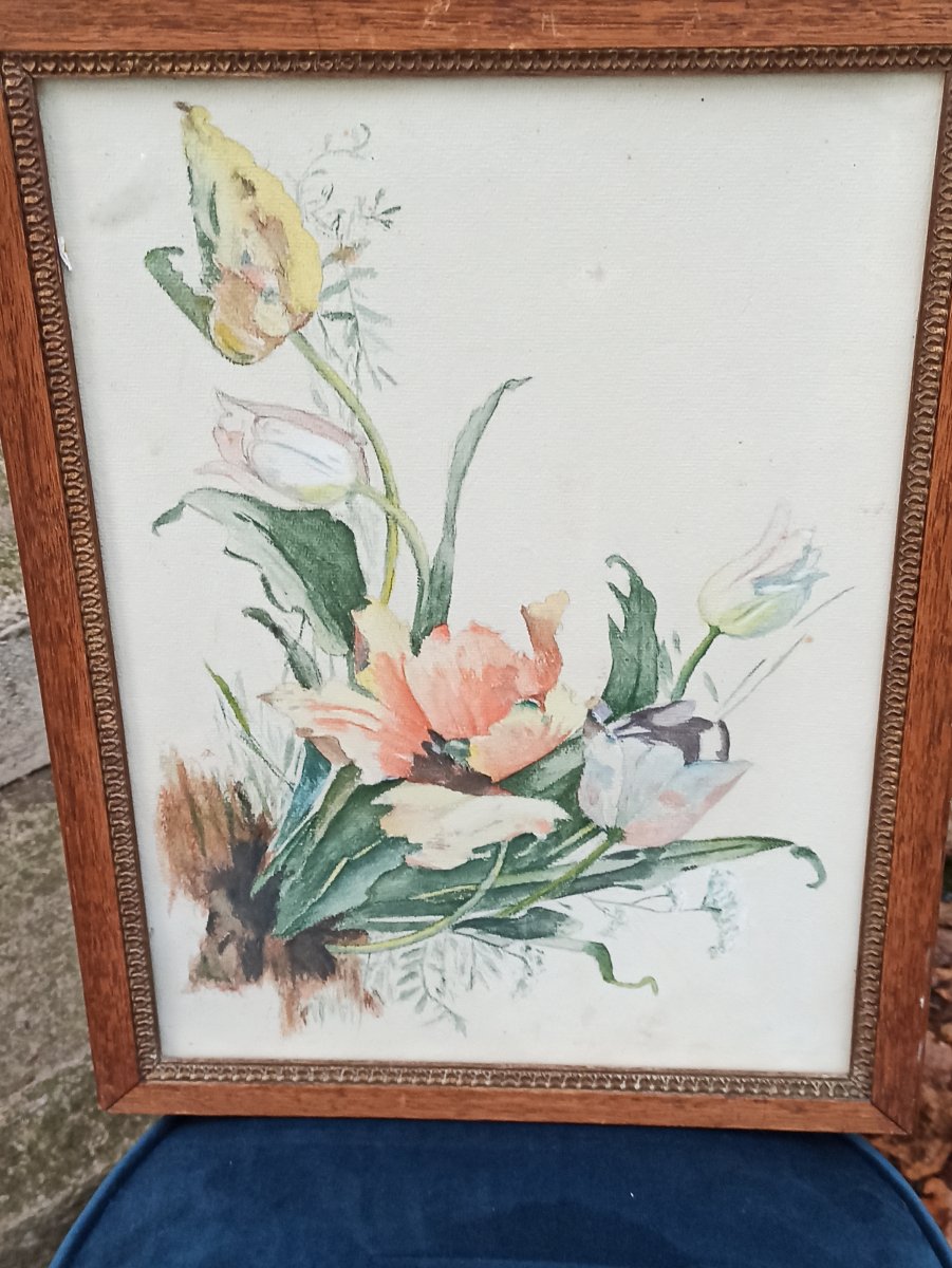 Aquarelle De Fleurs époque Art Nouveau-photo-1