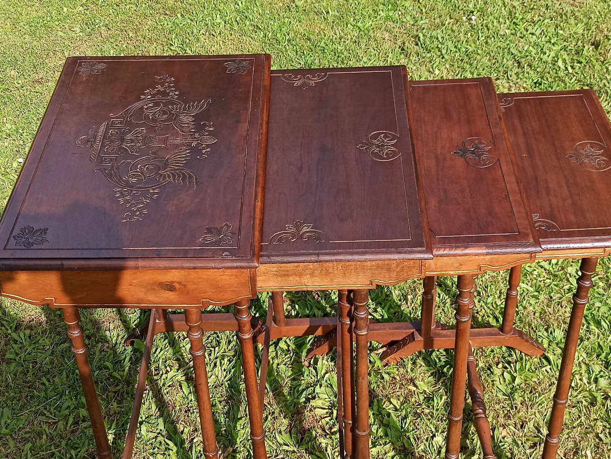 Suite Of 4 Stork Tables In Engraved Wood And Enhanced With Golden Nets Napoleon III Period-photo-2