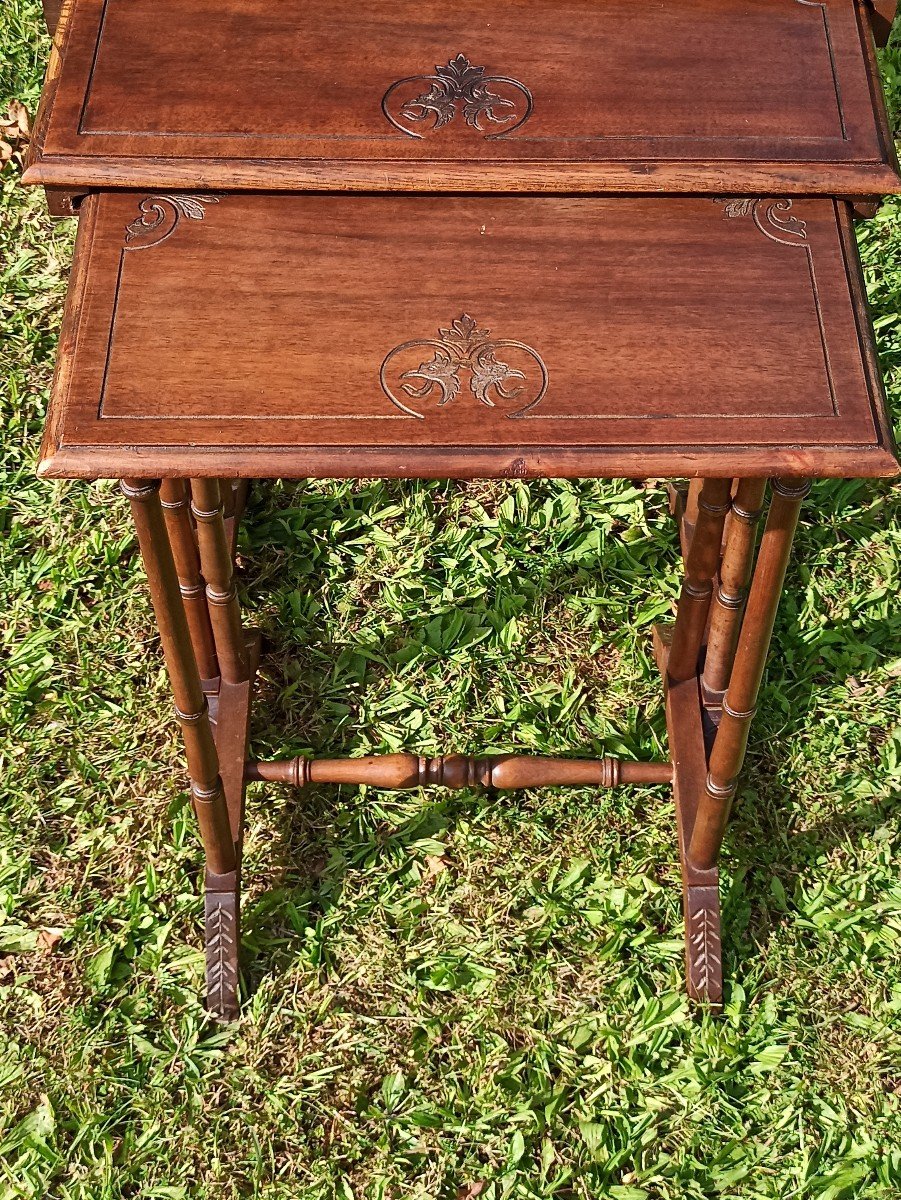 Suite Of 4 Stork Tables In Engraved Wood And Enhanced With Golden Nets Napoleon III Period-photo-1