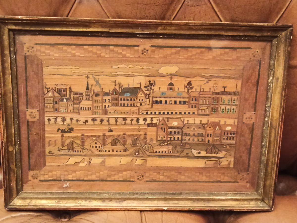 Tableau En Marqueterie De Paille Représentant Un Port  époque XIX