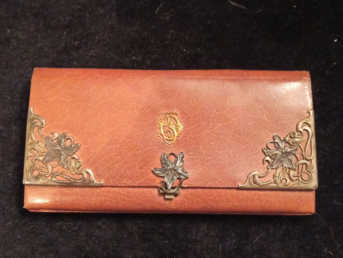 Leather Clutch Bag Adorned With A Rich Art Nouveau Style Decor In Silver And Gold