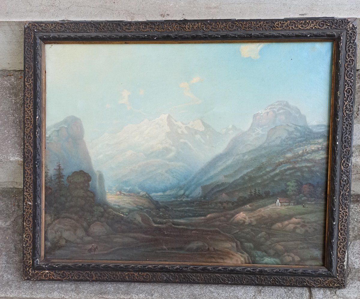Huile Sur Toile Paysage De Montagnes , Toile Signée à L Encre Arbelli 1894-photo-2