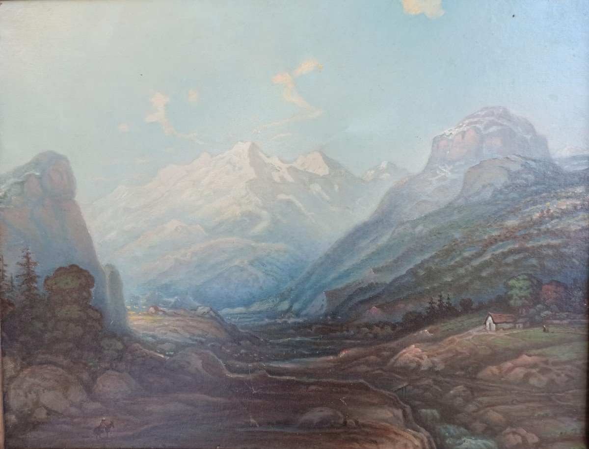 Huile Sur Toile Paysage De Montagnes , Toile Signée à L Encre Arbelli 1894-photo-3