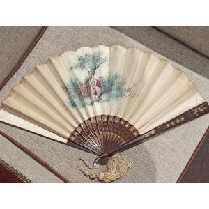 Beautiful Silk Fan Decorated With A Painted Genre Scene, Circa 1900