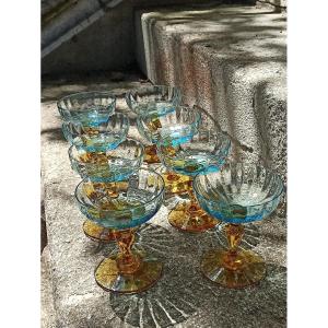 Suite Of 8 Champagne Glasses From The Blue And Amber Service Said Georges Sand 19th