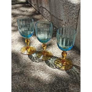 Suite Of 3 Wine Glasses From The Blue And Amber Service Said Georges Sand 19th