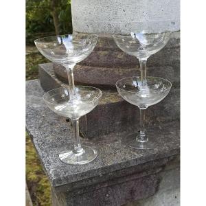 Suite Of 4 Champagne Glasses In Star Cut Crystal Model Attributed To Baccarat Circa 1900
