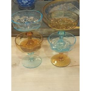 Set Of 4 Champagne Coupes, Known As "champenoise" Style, In Georges Sand Glass, 19th Century