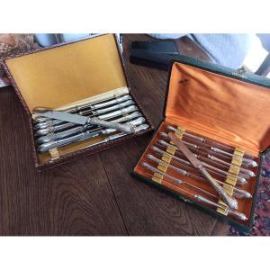 Suite de 12 couteaux de table et 12 couteaux à fruits en argent 