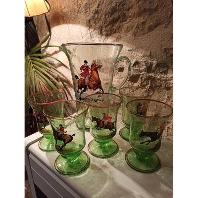 Orangery Service In Blown Glass And Decorated With Horse Scenes Around 1950