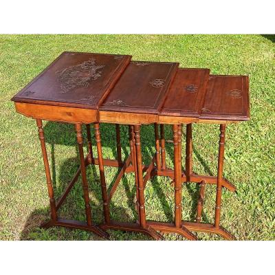 Suite Of 4 Stork Tables In Engraved Wood And Enhanced With Golden Nets Napoleon III Period