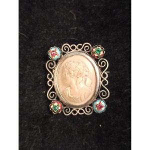 Brooch In Silver Cameo Limestone And Bressanss Enamels