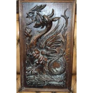 Chimera Sculpture On Oak Wood Panel Circa 1880