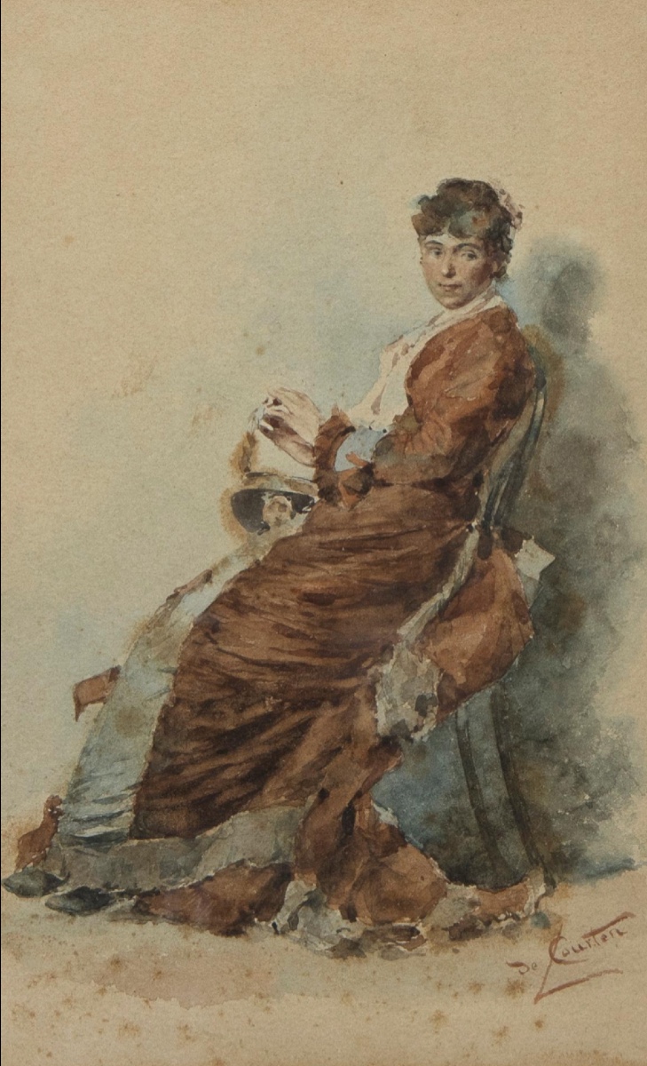 Watercolor, Seated Woman, Lodovico De Courten (1870-1880)-photo-2