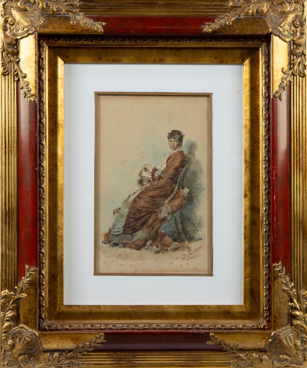 Watercolor, Seated Woman, Lodovico De Courten (1870-1880)