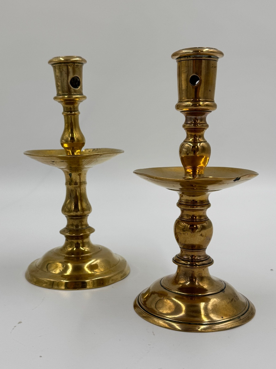 Pair Of Copper Disc Candlesticks, Holland (1700-1750)