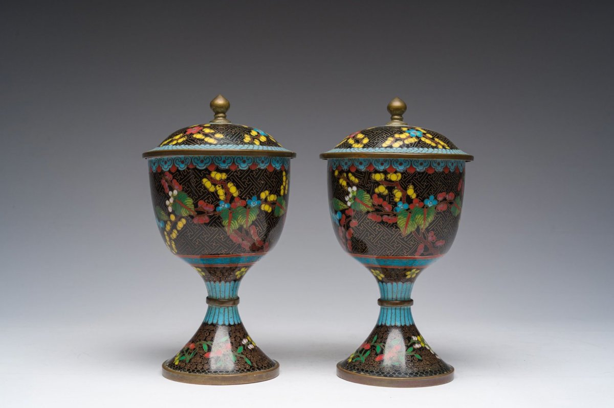 Chinese Cloisonné Vases With Lids, Qing Dynasty (1890-1900)-photo-3
