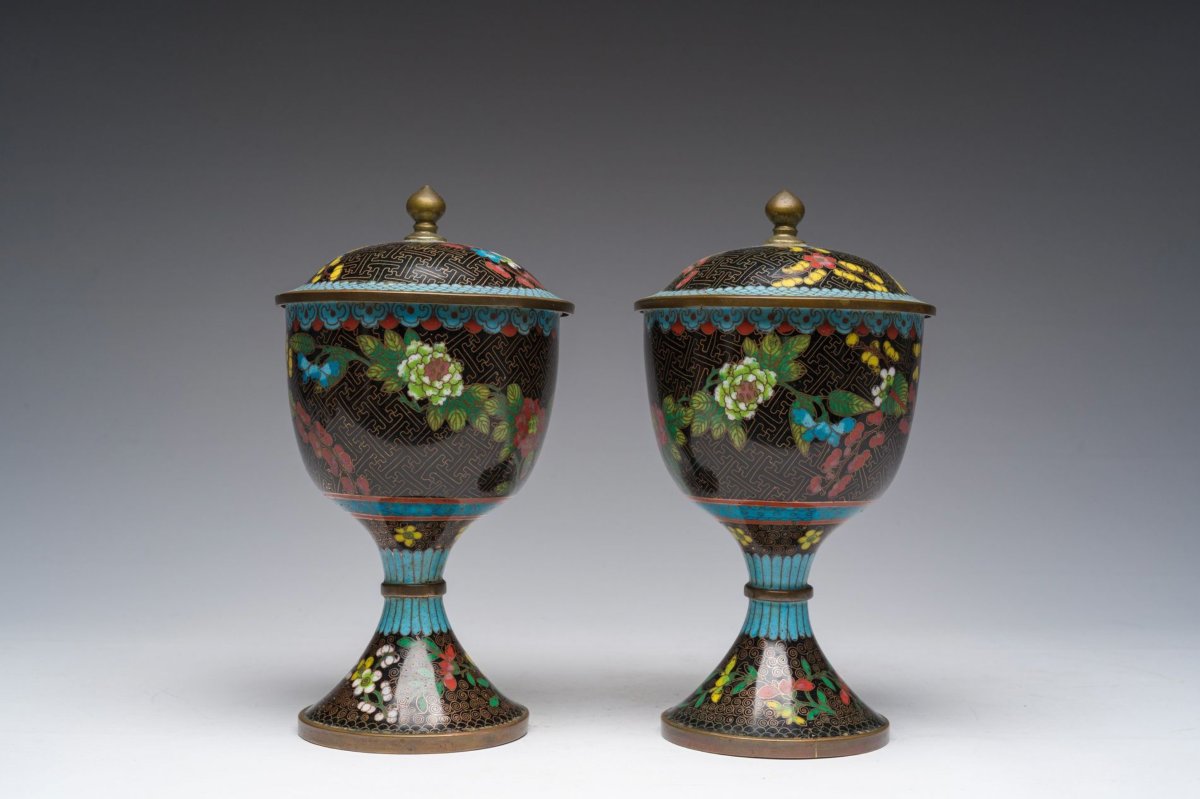Chinese Cloisonné Vases With Lids, Qing Dynasty (1890-1900)-photo-4