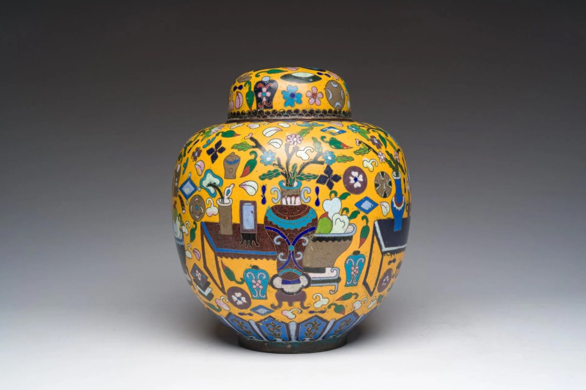Pot à gingembre chinois en cloisonné, décoré de motifs antiques, dynastie Qing (1860-1880)-photo-2