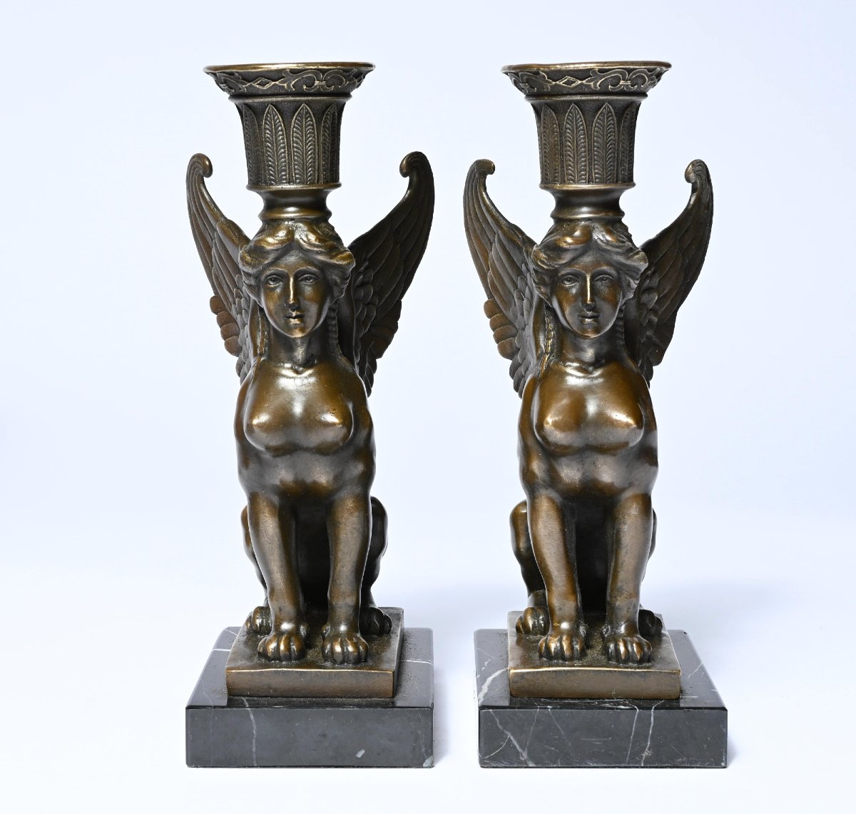 Pair Of Empire Candlesticks Decorated With Winged Sphinxes (2nd Half Of The 19th Century)-photo-2