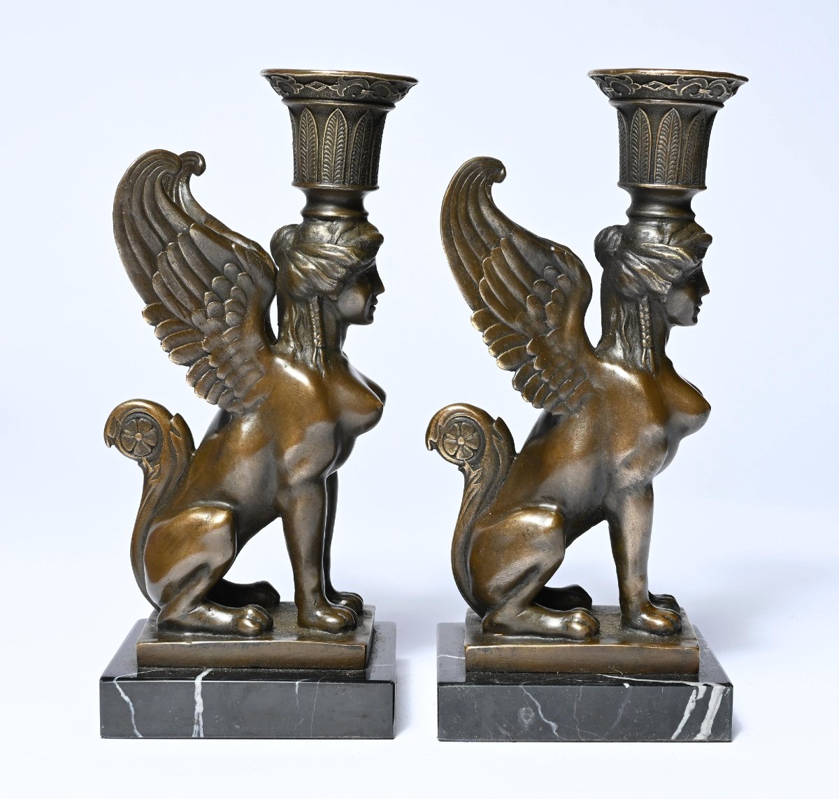 Pair Of Empire Candlesticks Decorated With Winged Sphinxes (2nd Half Of The 19th Century)-photo-1