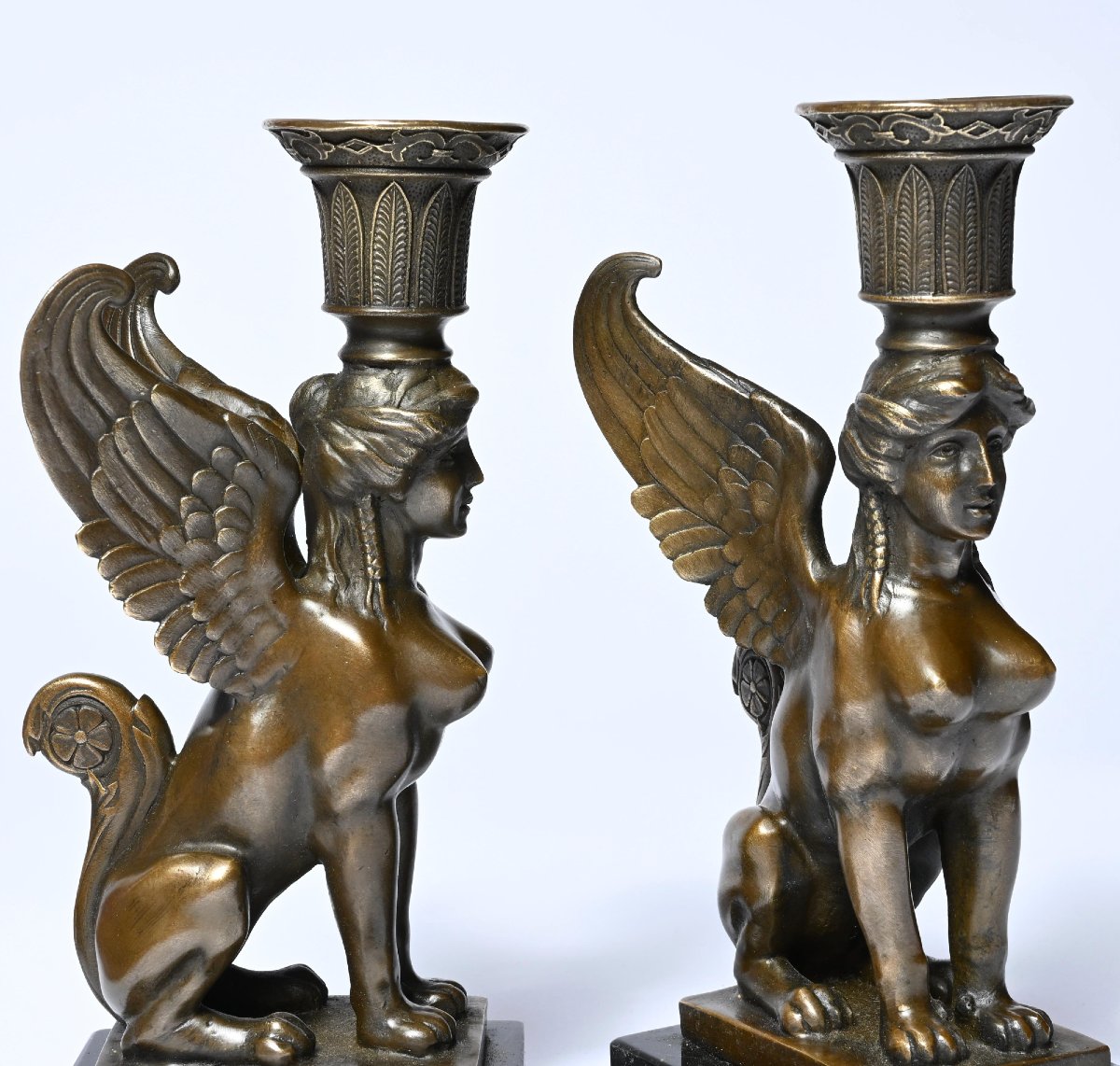 Pair Of Empire Candlesticks Decorated With Winged Sphinxes (2nd Half Of The 19th Century)-photo-2