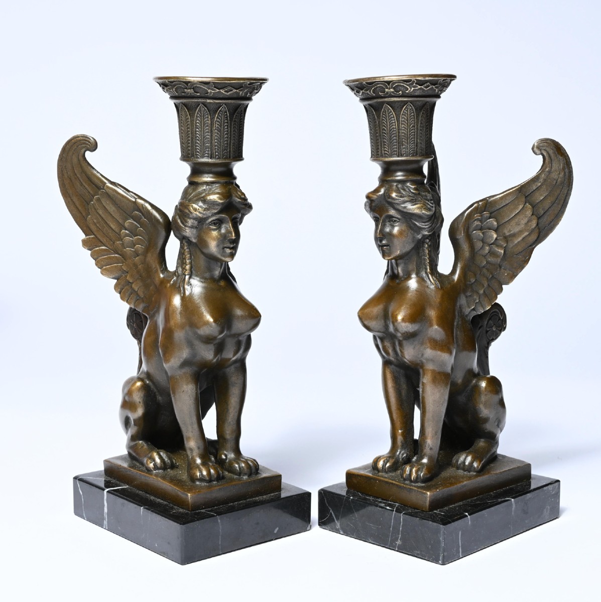 Pair Of Empire Candlesticks Decorated With Winged Sphinxes (2nd Half Of The 19th Century)