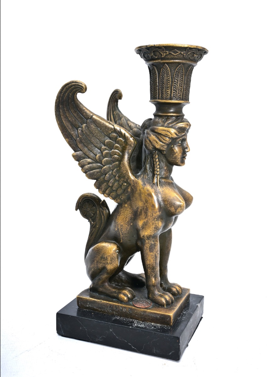 Paire de bougeoirs Empire en bronze ornés de sphinx dorés, Milo Martin, Suisse, 1920-1930-photo-2