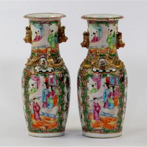 Paire de vases cantonais chinois, dynastie Qing (1875-1908)