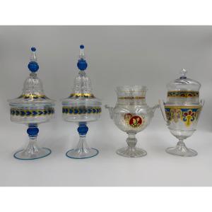 Set Of 4 Mouth-blown Venetian Lidded Cups (1875-1900)
