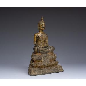 Bouddha en bronze doré sur un trône de lotus, Thailande, 19ieme 