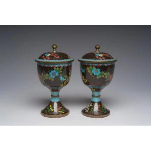 Chinese Cloisonné Vases With Lids, Qing Dynasty (1890-1900)